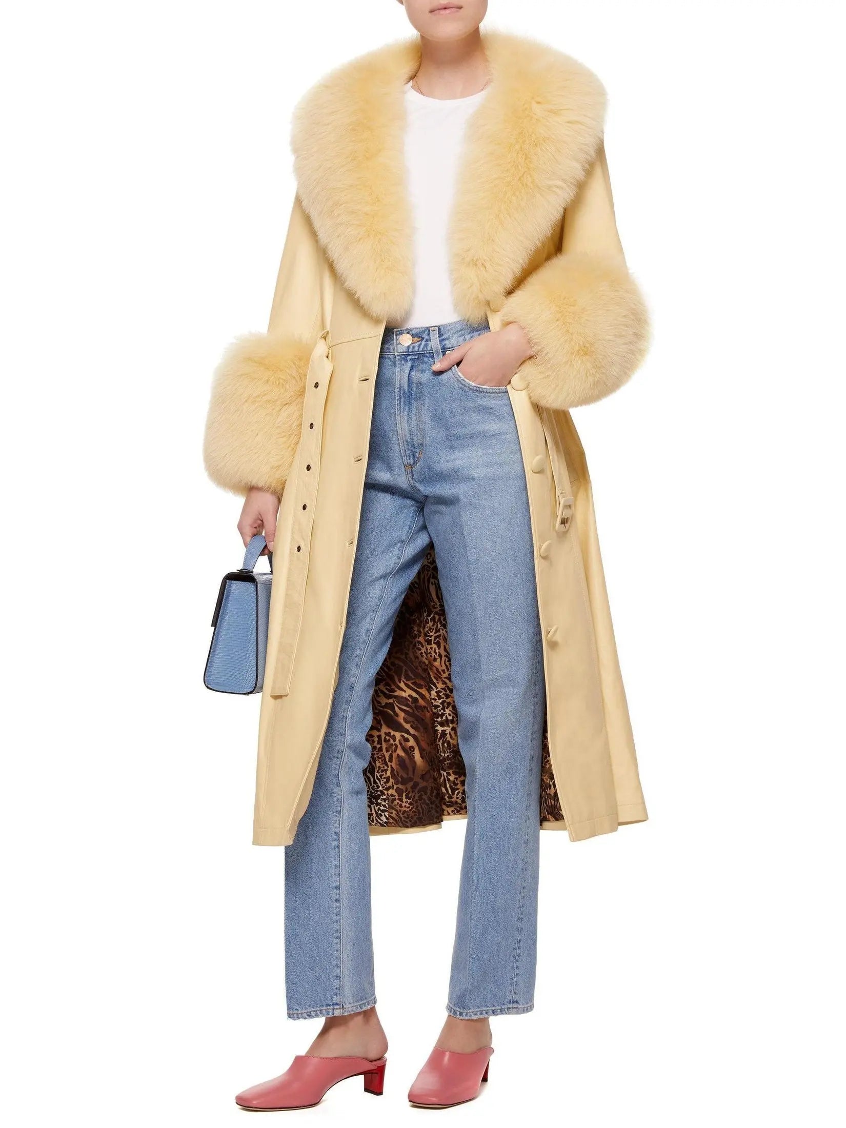 Fur-Trim Leather Coat Yellow - Coats