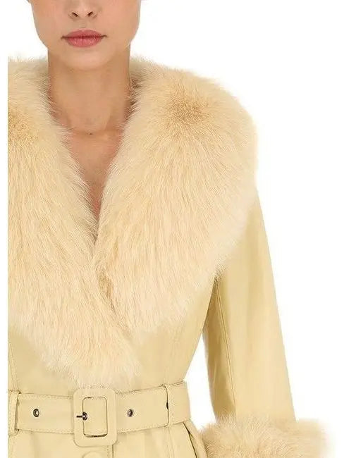 Fur-Trim Leather Coat Yellow - Coats