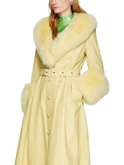 Fur-Trim Leather Coat Yellow - Coats