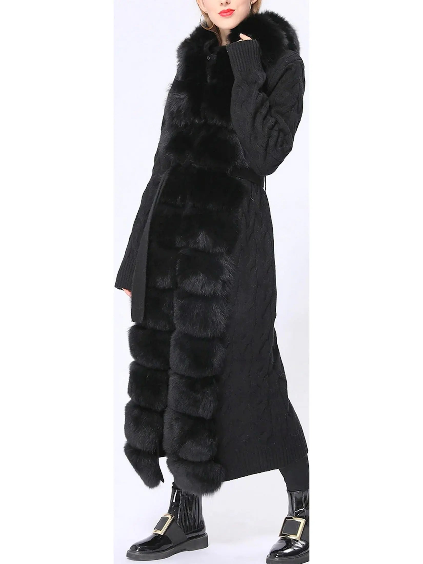 Fur-Trim Long Knit Cardigan Sweater-Coat in Black - small - Sweaters & Knitwear