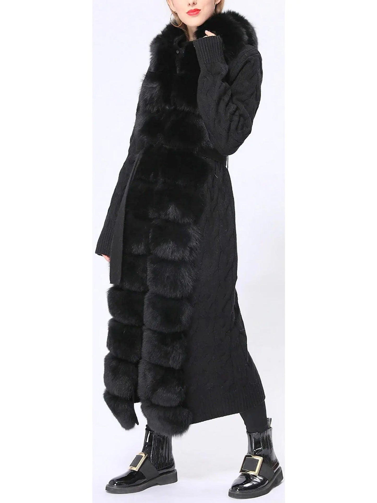 Fur-Trim Long Knit Cardigan Sweater-Coat in Black - Sweaters & Knitwear