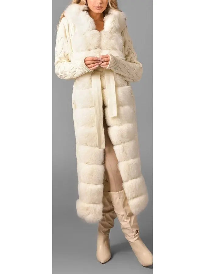 Fur-Trim Long Knit Cardigan Sweater-Coat in White - s - Sweaters & Knitwear