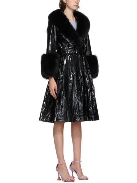 Fur-Trim Patent Leather Coat Black - Coats