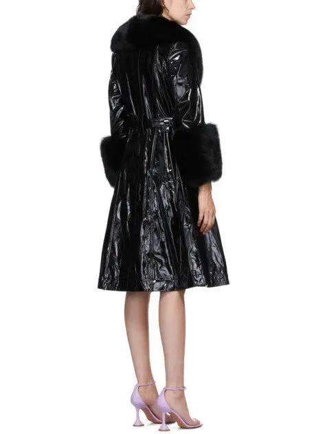 Fur-Trim Patent Leather Coat Black - Coats