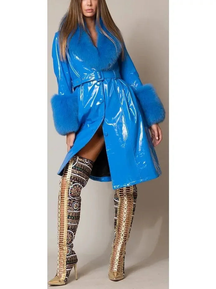 Fur-Trim Patent Leather Coat Blue - Coats