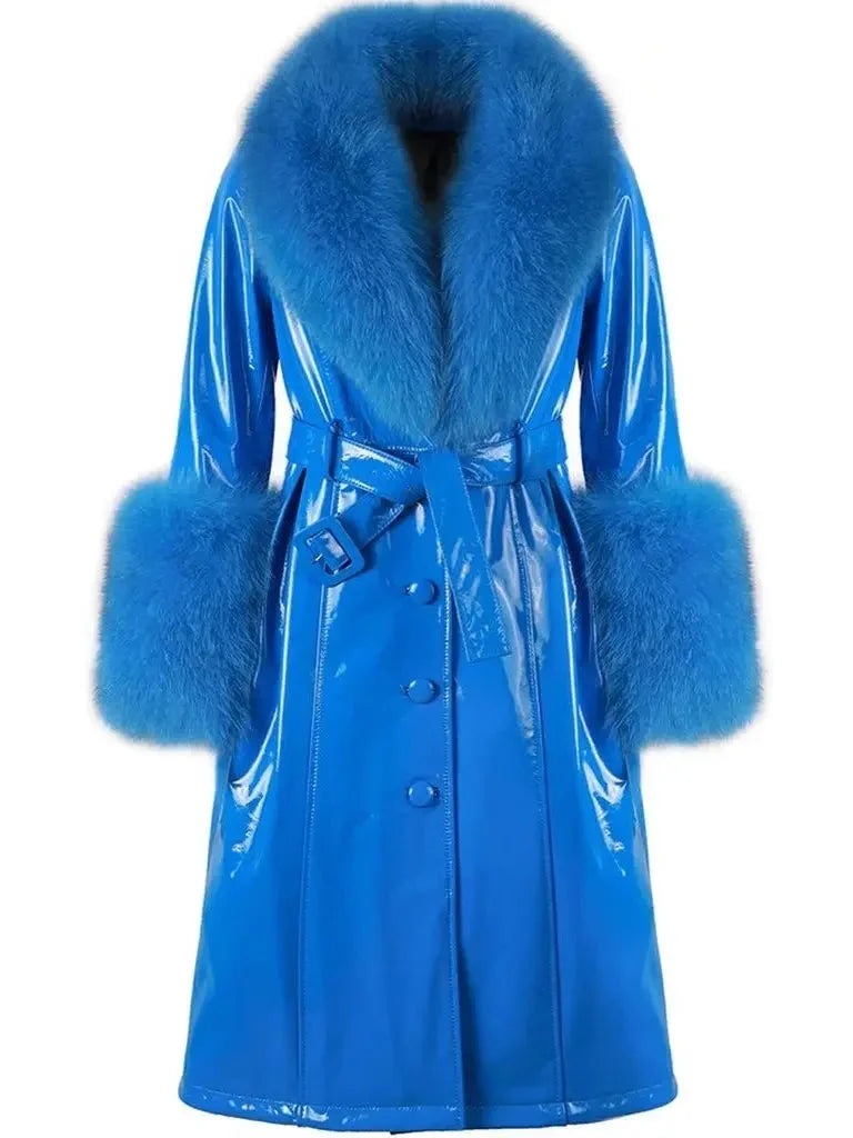 Fur-Trim Patent Leather Coat Blue - Coats