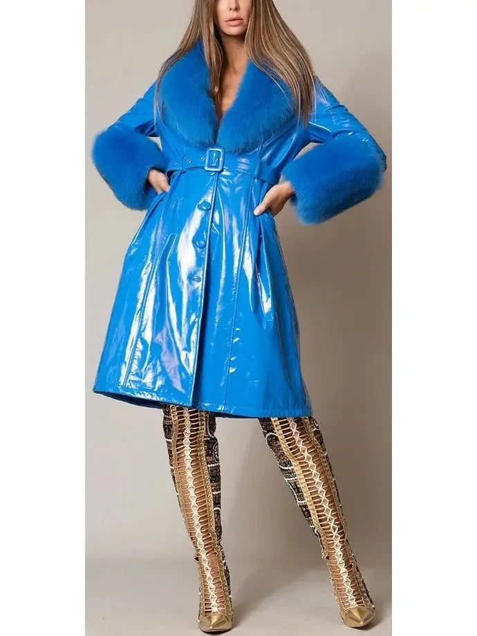 Fur-Trim Patent Leather Coat Blue - Coats