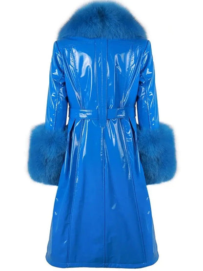 Fur-Trim Patent Leather Coat Blue - Coats