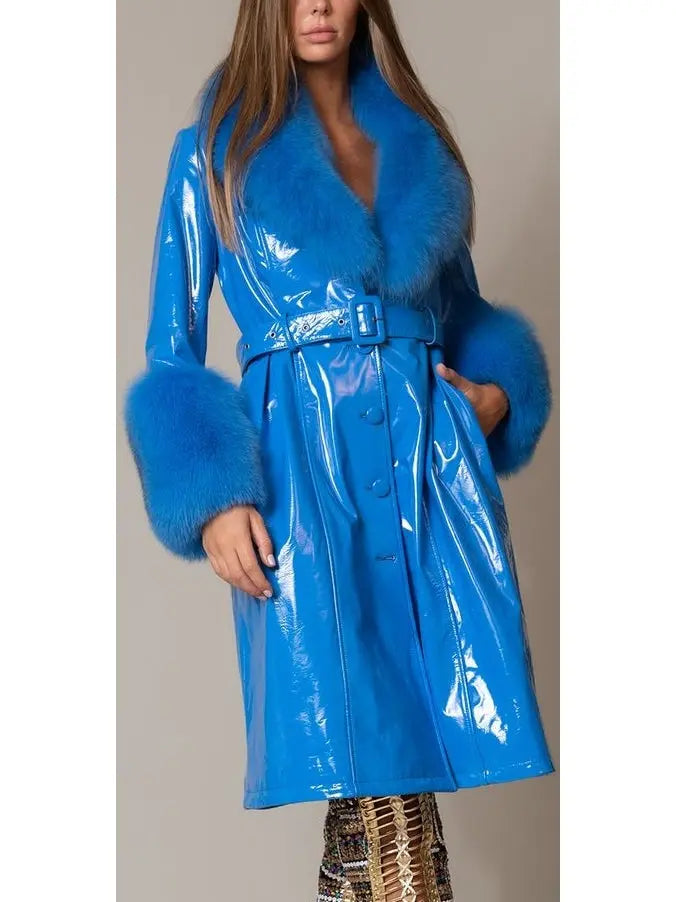 Fur-Trim Patent Leather Coat Blue - Coats