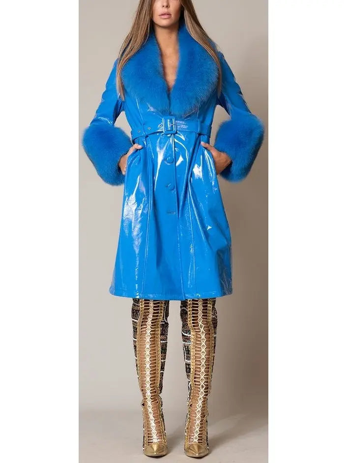 Fur-Trim Patent Leather Coat Blue - Coats