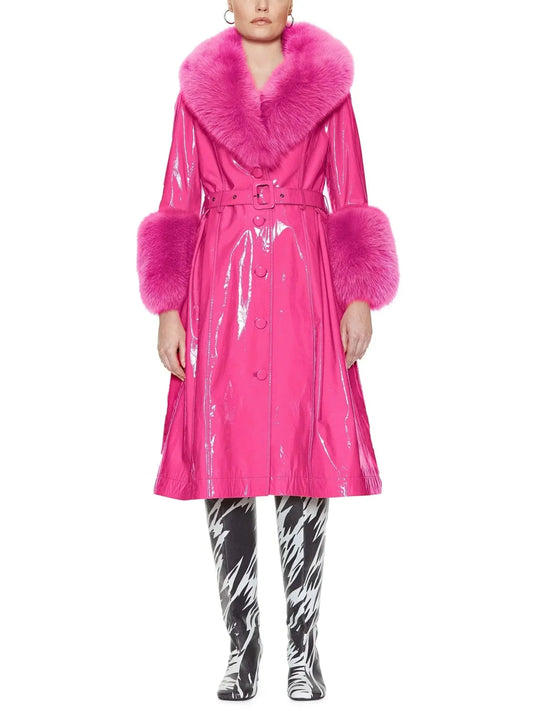 Fur-Trim Patent Leather Coat Fuchsia/Pink - Coats