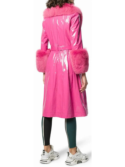 Fur-Trim Patent Leather Coat Fuchsia/Pink - Coats