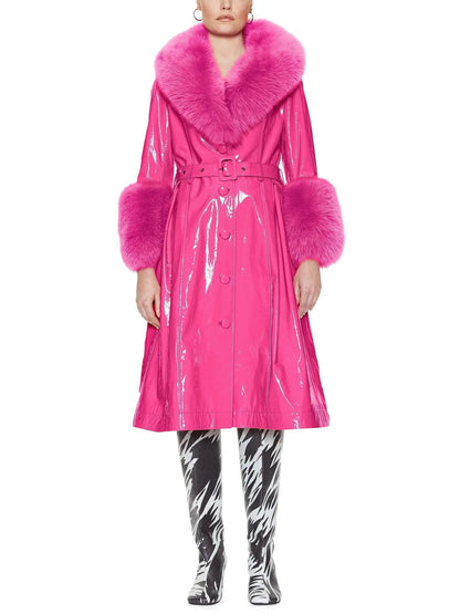 Fur-Trim Patent Leather Coat Fuchsia/Pink - Coats