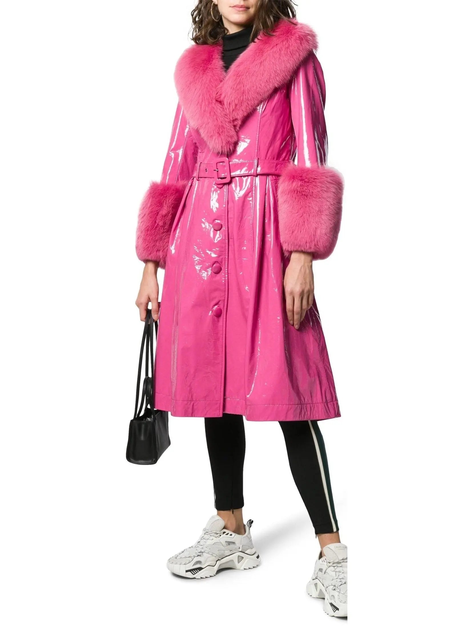 Fur-Trim Patent Leather Coat Fuchsia/Pink - Coats