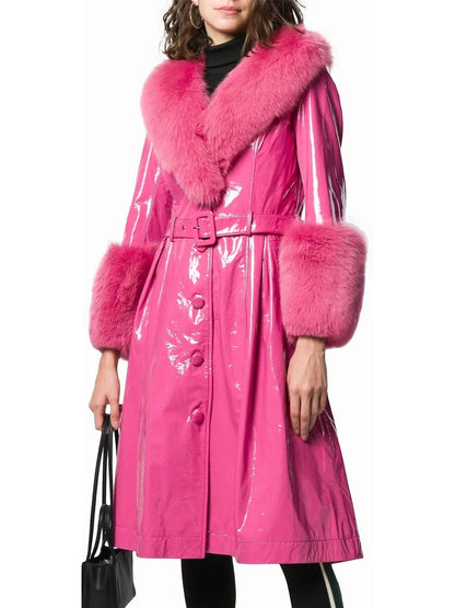 Fur-Trim Patent Leather Coat Fuchsia/Pink - Coats