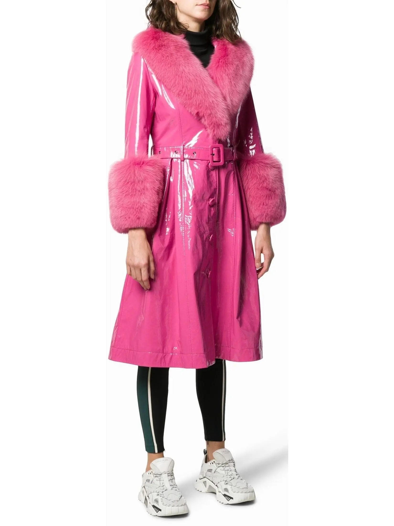 Fur-Trim Patent Leather Coat Fuchsia/Pink - Coats