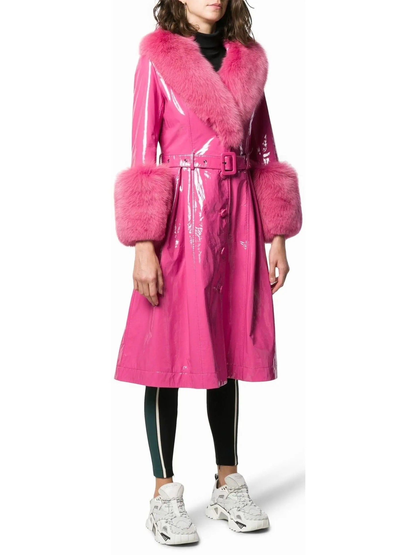 Fur-Trim Patent Leather Coat Fuchsia/Pink - s - Coats