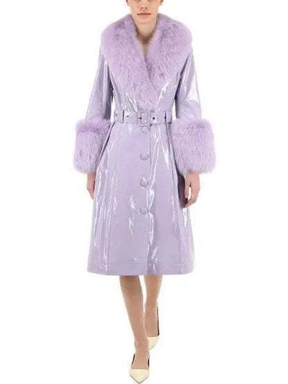 Fur-Trim Patent Leather Coat Lilac - Coats