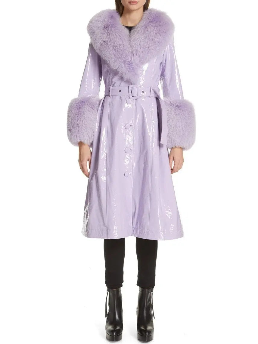 Fur-Trim Patent Leather Coat Lilac - Coats