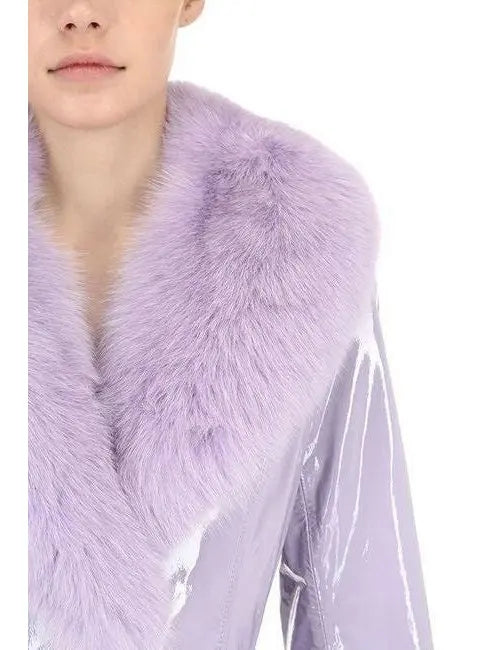 Fur-Trim Patent Leather Coat Lilac - Coats