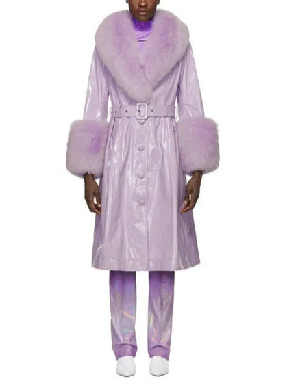 Fur-Trim Patent Leather Coat Lilac - s - Coats