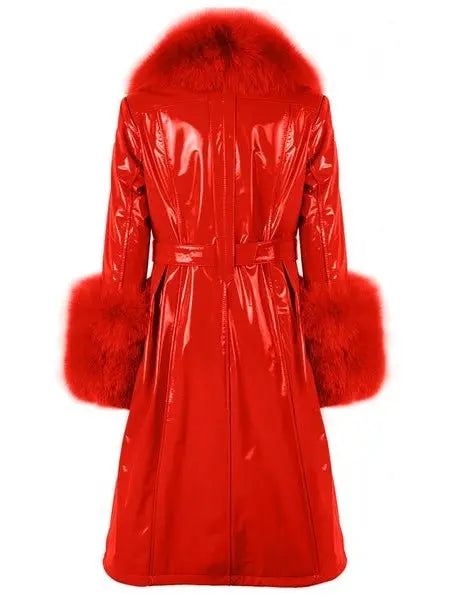 Fur-Trim Patent Leather Coat Red - Coats