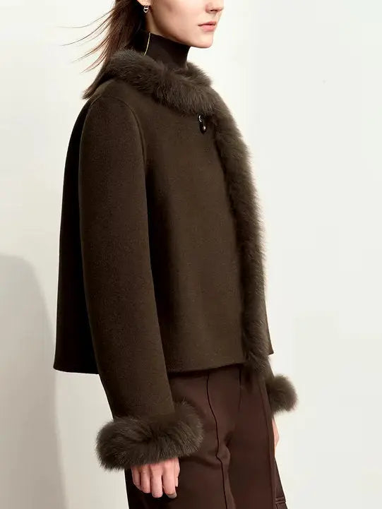 Fur-Trim Wool Jacket with Pearl Decoration in Dark Brown - Jackets