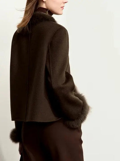 Fur-Trim Wool Jacket with Pearl Decoration in Dark Brown - Jackets