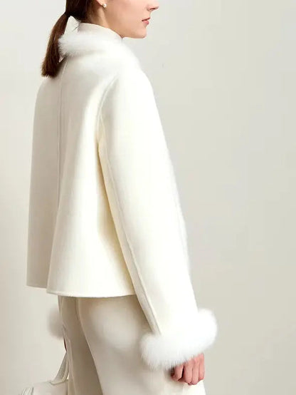 Fur-Trim Wool Jacket with Pearl Decoration in White - Jackets