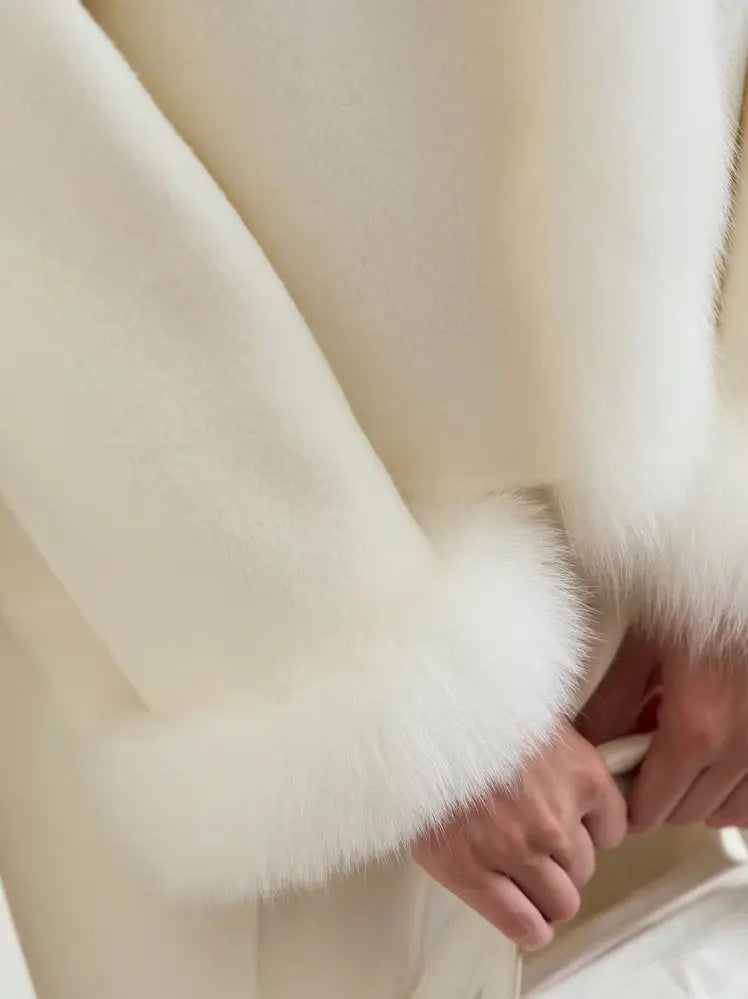 Fur-Trim Wool Jacket with Pearl Decoration in White - Jackets