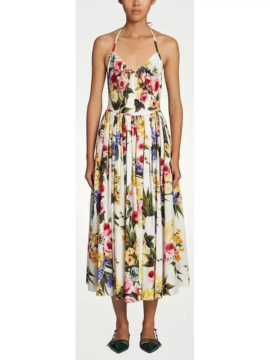 Garden Floral Print Pleated Cotton Poplin A-Line Dress - Dresses