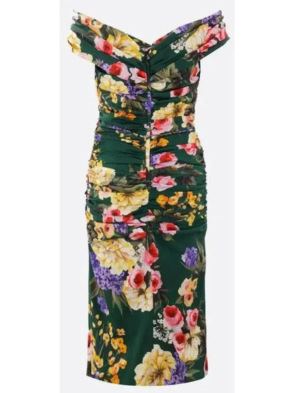 Garden Print Charmeuse Draped Sheath Dress - Dresses