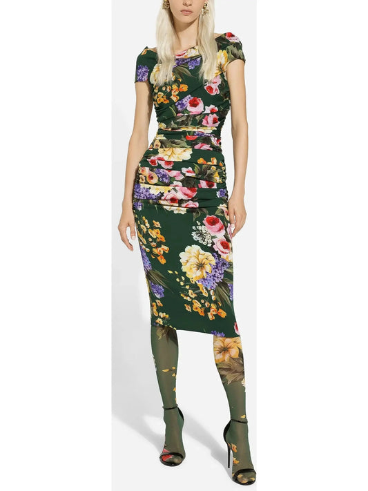 Garden Print Charmeuse Draped Sheath Dress - Dresses