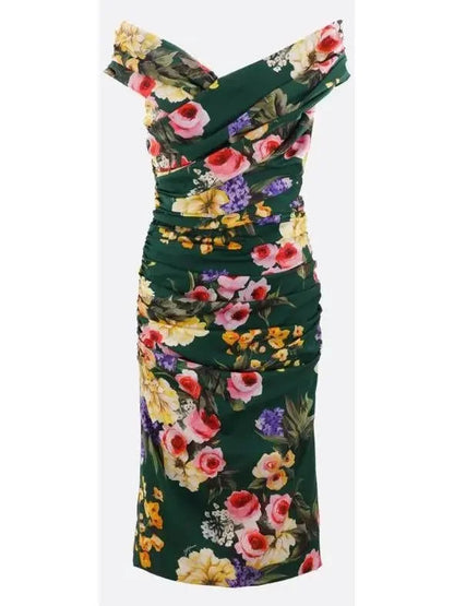Garden Print Charmeuse Draped Sheath Dress - s - Dresses