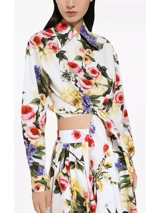 Garden Print Cropped Knotted Shirt - Tops