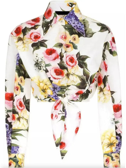 Garden Print Cropped Knotted Shirt - Tops