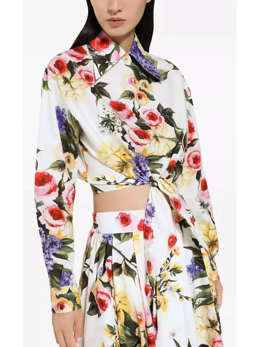 Garden Print Cropped Knotted Shirt - Tops