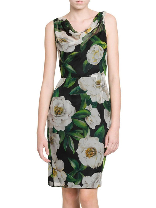 Gardenia Floral Print Draped Collar Silk Dress - Dresses