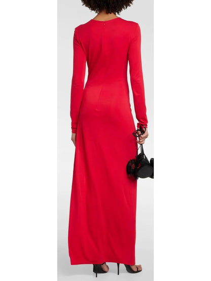 Gathered Long Sleeve Maxi Dress in Red - Dresses