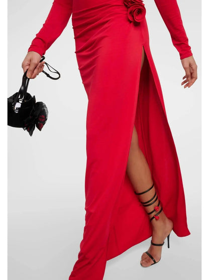 Gathered Long Sleeve Maxi Dress in Red - Dresses