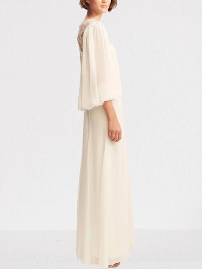 Gathered Maxi Dress with Lace and Balloon-Sleeves - Dresses