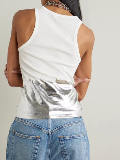 Gathered Metallic-Detail White Tank Top - Tops