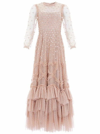 Gathered Tiered Sequined Tulle Gown - Dresses