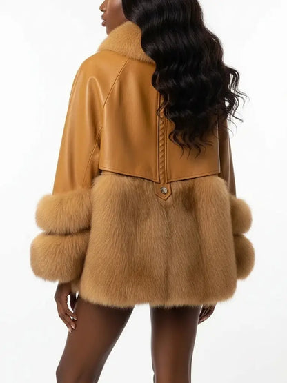 Genuine Leather Fox Fur Trim Short Coat - Coats