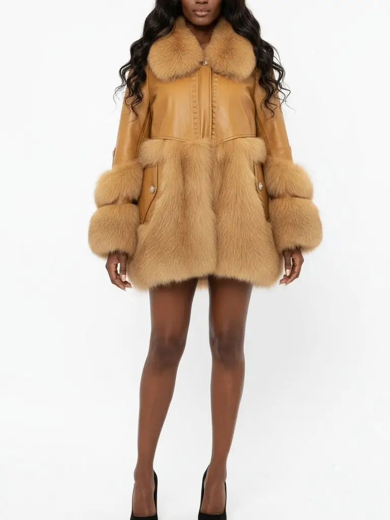 Genuine Leather Fox Fur Trim Short Coat - Coats