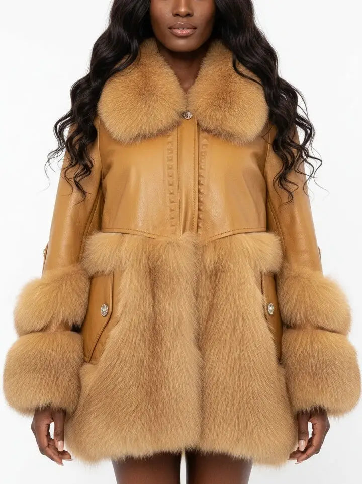 Genuine Leather Fox Fur Trim Short Coat - Coats