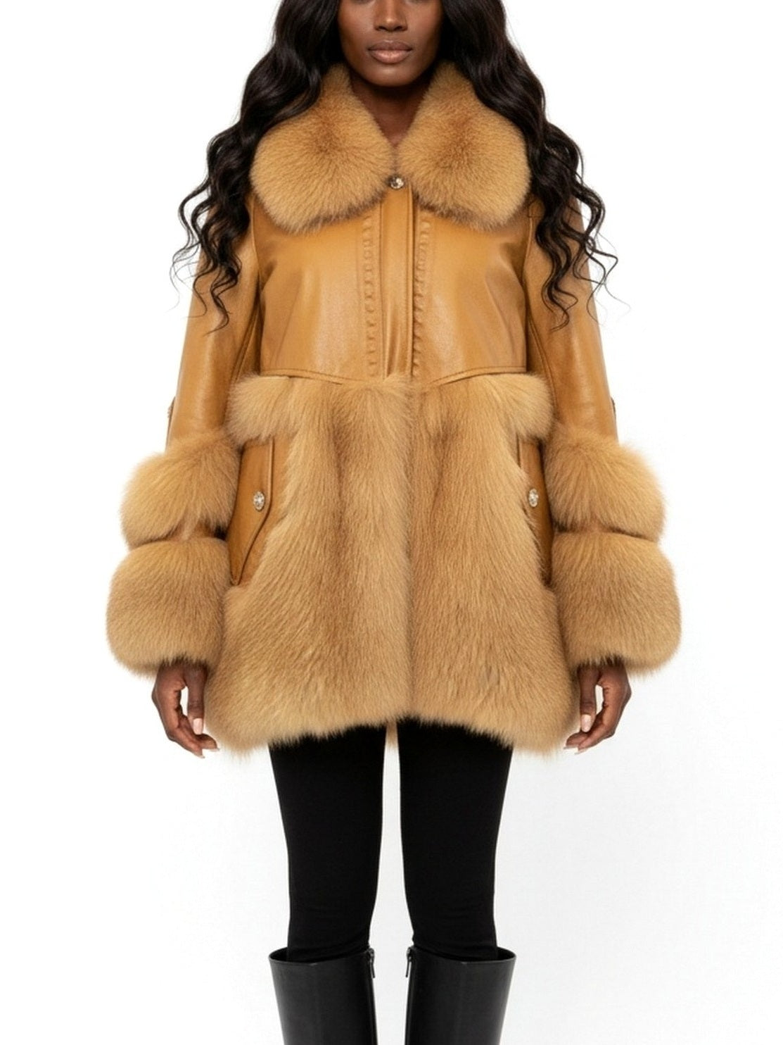 Genuine Leather Fox Fur Trim Short Coat - Coats