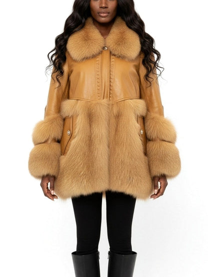 Genuine Leather Fox Fur Trim Short Coat - Coats