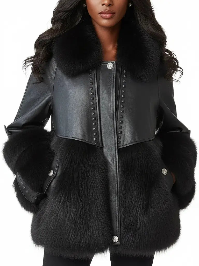 Genuine Leather Fox Fur Trim Short Coat - Coats