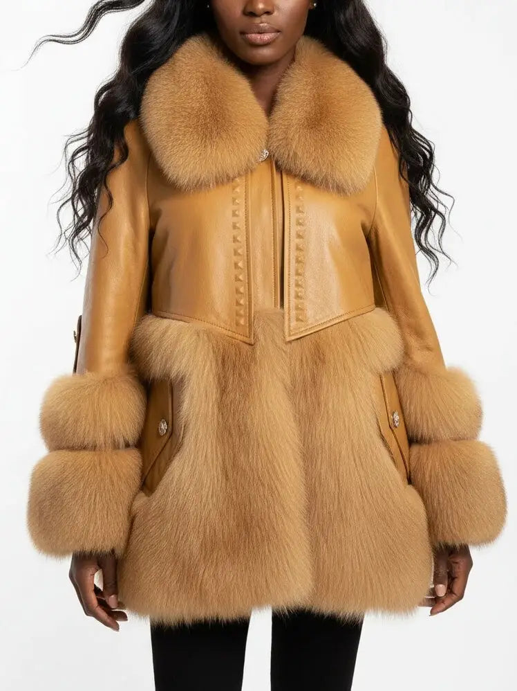 Genuine Leather Fox Fur Trim Short Coat - Coats